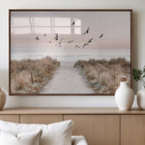34632598-MGV-FP-60X30-3P_Walnut-Coastal Pathway Canvas Wall Art – Framed Seaside Landscape, Large Beach and Birds Canvas Print for Home, Office, or Living Room