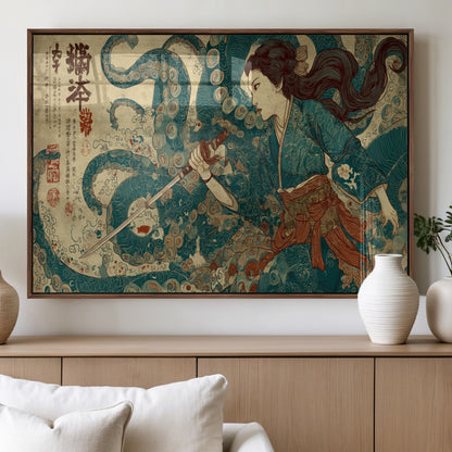 46837670-MGV-FP-60X30-3P_Walnut-Tsukioka Yoshitoshi Samurai Wall Art Print, Japanese Katana Warrior Canvas Wall Art, Octopus Sea Monster Canvas Print,