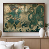 24416422-MGV-FP-60X30-3P_Walnut-Tsukioka Yoshitoshi Samurai Wall Art Print, Japanese Katana Warrior Canvas Wall Art, Octopus Sea Monster Canvas Print,