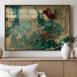 86918027-MGV-FP-60X30-3P_Walnut-Tsukioka Yoshitoshi Samurai Wall Art Print, Japanese Katana Warrior Canvas Wall Art, Octopus Sea Monster Canvas Print,