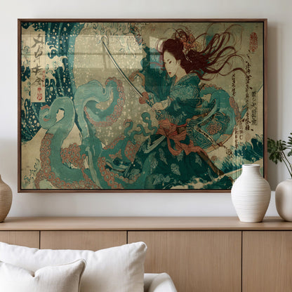86918027-MGV-FP-60X30-3P_Walnut-Tsukioka Yoshitoshi Samurai Wall Art Print, Japanese Katana Warrior Canvas Wall Art, Octopus Sea Monster Canvas Print,
