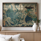 60346622-MGV-FP-60X30-3P_Walnut-Tsukioka Yoshitoshi Samurai Wall Art Print, Japanese Katana Warrior Canvas Wall Art, Octopus Sea Monster Canvas Print,