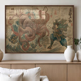 63782167-MGV-FP-60X30-3P_Walnut-Tsukioka Yoshitoshi Samurai Wall Art Print, Japanese Katana Warrior Canvas Wall Art, Octopus Sea Monster Canvas Print,