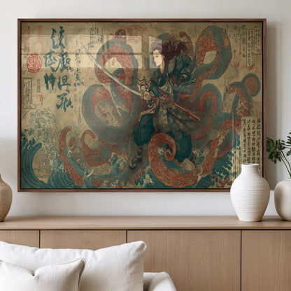 98593115-MGV-FP-60X30-3P_Walnut-Tsukioka Yoshitoshi Samurai Wall Art Print, Japanese Katana Warrior Canvas Wall Art, Octopus Sea Monster Canvas Print,