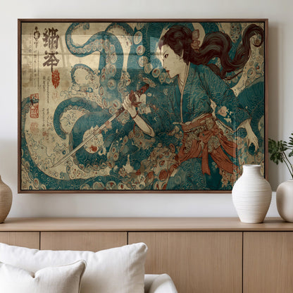 18575670-MGV-FP-60X30-3P_Walnut-Tsukioka Yoshitoshi Samurai Wall Art Print, Japanese Katana Warrior Canvas Wall Art, Octopus Sea Monster Canvas Print,