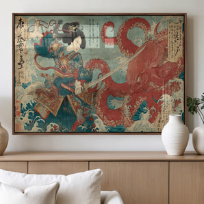 68844327-MGV-FP-60X30-3P_Walnut-Tsukioka Yoshitoshi Samurai Wall Art Print, Japanese Katana Warrior Canvas Wall Art, Octopus Sea Monster Canvas Print,