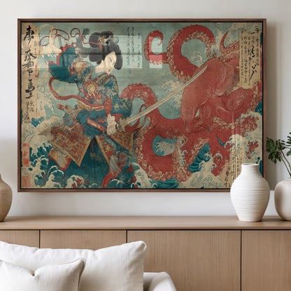 68844327-MGV-FP-60X30-3P_Walnut-Tsukioka Yoshitoshi Samurai Wall Art Print, Japanese Katana Warrior Canvas Wall Art, Octopus Sea Monster Canvas Print,