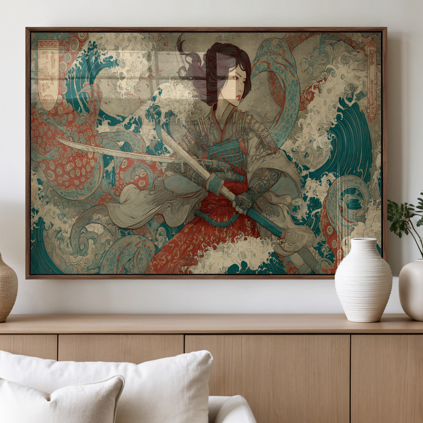 63377977-MGV-FP-60X30-3P_Walnut-Tsukioka Yoshitoshi Samurai Wall Art Print, Japanese Katana Warrior Canvas Wall Art, Octopus Sea Monster Canvas Print,