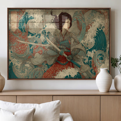 63377977-MGV-FP-60X30-3P_Walnut-Tsukioka Yoshitoshi Samurai Wall Art Print, Japanese Katana Warrior Canvas Wall Art, Octopus Sea Monster Canvas Print,