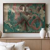 91666601-MGV-FP-36X24-3P_Walnut-Samurai Woman vs Octopus Wall Art – Japanese Ukiyo-e Green Robe Canvas Print, Ocean Battle Artwork for Living Room, Office, Man