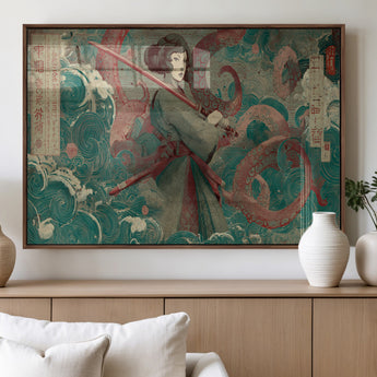 91666601-MGV-FP-36X24-3P_Walnut-Samurai Woman vs Octopus Wall Art – Japanese Ukiyo-e Green Robe Canvas Print, Ocean Battle Artwork for Living Room, Office, Man