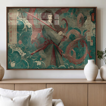 91666601-MGV-FP-36X24-3P_Walnut-Samurai Woman vs Octopus Wall Art – Japanese Ukiyo-e Green Robe Canvas Print, Ocean Battle Artwork for Living Room, Office, Man