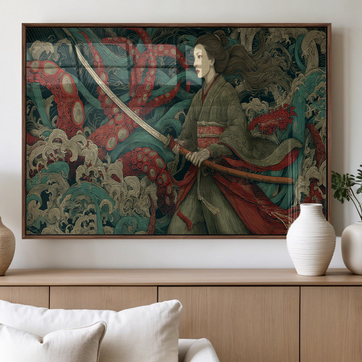 18902796-MGV-FP-36X24-3P_Walnut-Samurai Woman vs Octopus Wall Art – Japanese Ukiyo-e Green Kimono Canvas Print, Ocean Battle Scene Artwork for Living Room,
