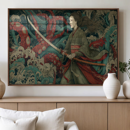 18902796-MGV-FP-36X24-3P_Walnut-Samurai Woman vs Octopus Wall Art – Japanese Ukiyo-e Green Kimono Canvas Print, Ocean Battle Scene Artwork for Living Room,