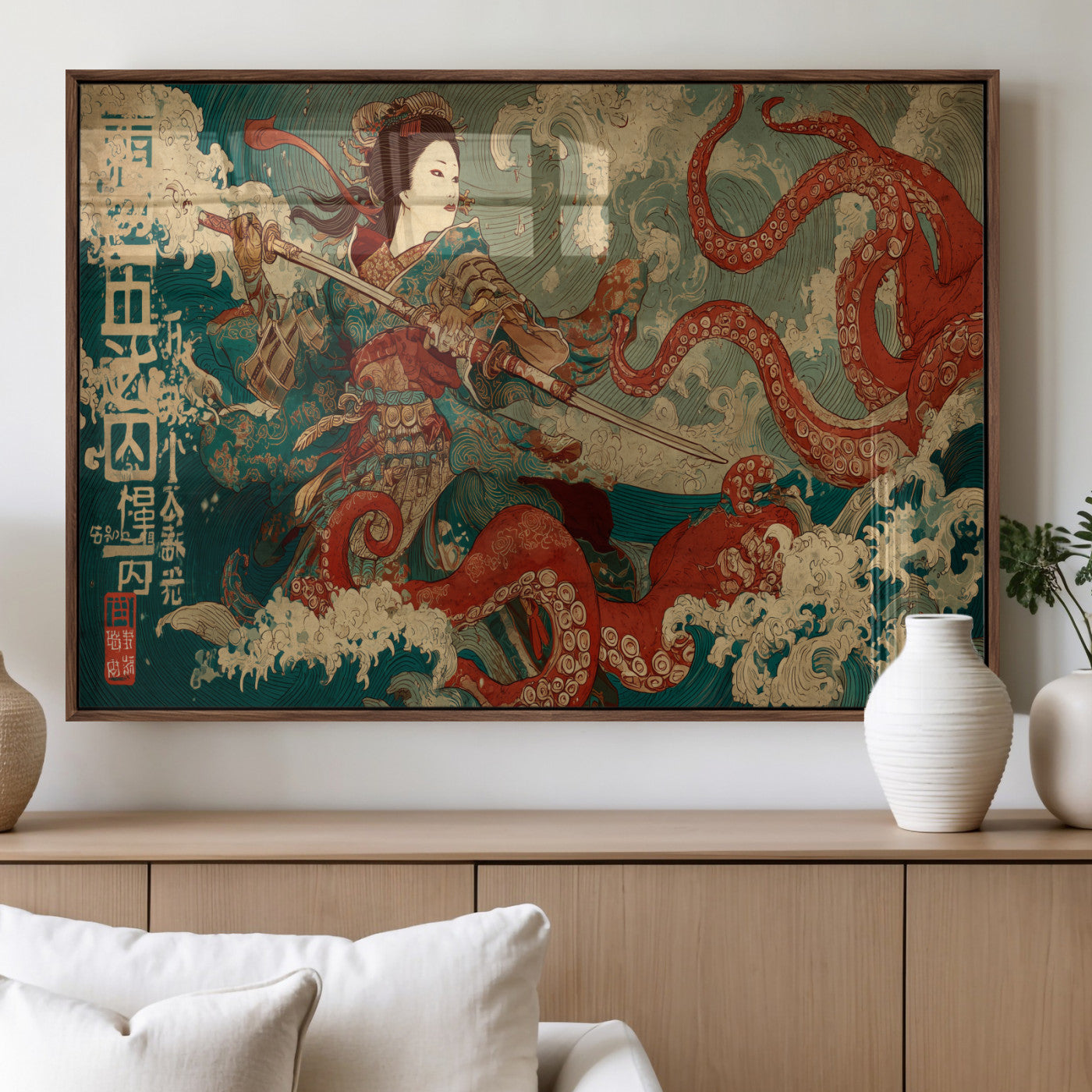 60201267-MGV-FP-36X24-3P_Walnut-Samurai Woman vs Octopus Wall Art – Japanese Ukiyo-e Armor Canvas Print, Red Tentacle Ocean Battle Artwork for Living Room,