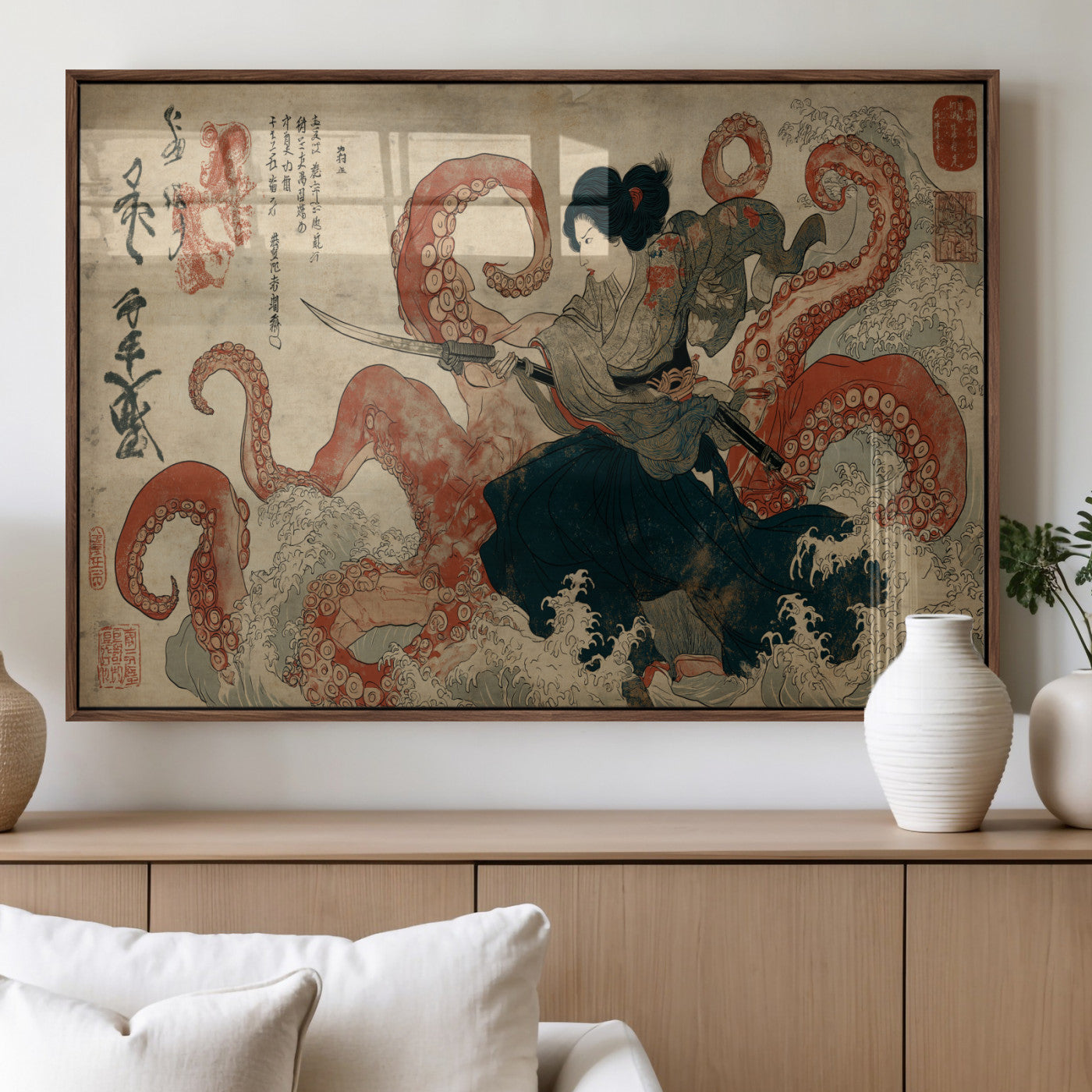 82737246-MGV-FP-36X24-3P_Walnut-Samurai Woman vs Octopus Wall Art – Japanese Ukiyo-e Dual Sword Canvas Print, Red Tentacle Ocean Battle Artwork for Living Room,