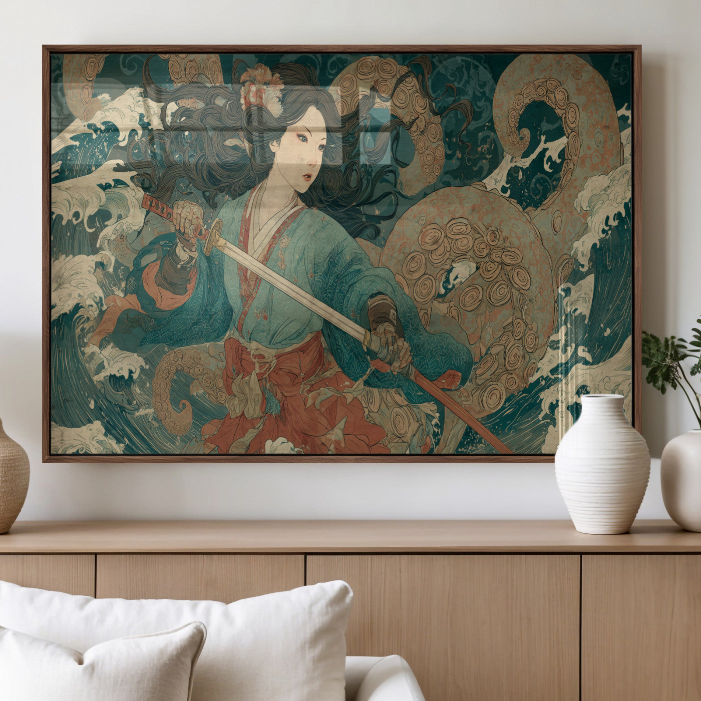 79740258-MGV-FP-60X30-3P_Walnut-Tsukioka Yoshitoshi Samurai Wall Art Print, Japanese Katana Warrior Canvas Wall Art, Octopus Sea Monster Canvas Print,