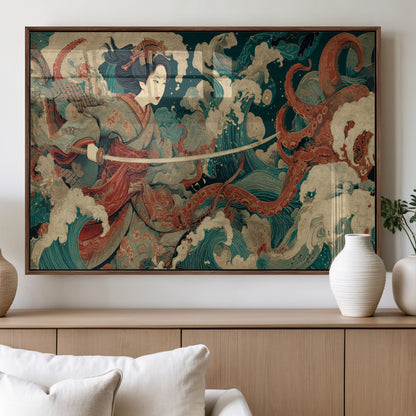 30212982-MGV-FP-36X24-3P_Walnut-Samurai Woman vs Octopus Wall Art – Japanese Ukiyo-e Style Warrior and Sea Monster Canvas Print, Mythology Inspired Artwork for