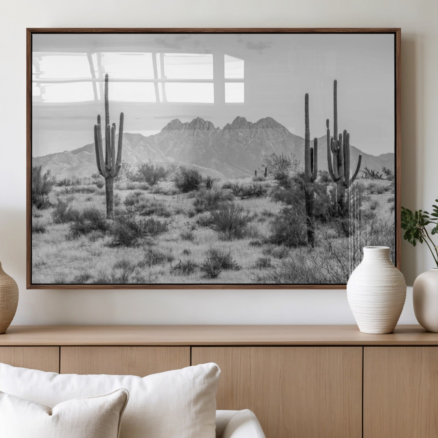 97436PHN-MGV-FP-36X24-3P_Walnut-Desert Landscape Wall Art – Black and White Cactus and Mountain Canvas Print, Southwestern Nature Photography for Living Room,