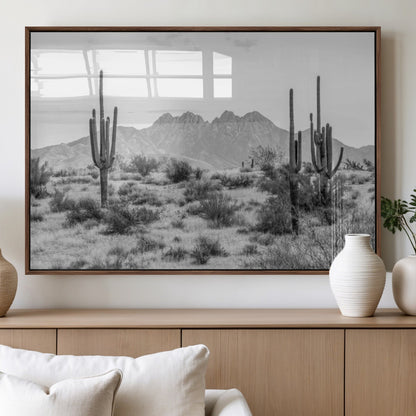 97436PHN-MGV-FP-36X24-3P_Walnut-Desert Landscape Wall Art – Black and White Cactus and Mountain Canvas Print, Southwestern Nature Photography for Living Room,