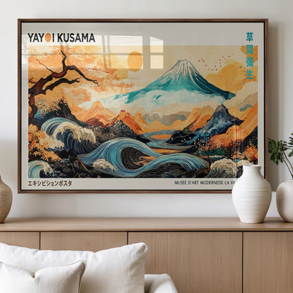 94085549-MGV-FP-60X30-3P_Walnut-Yayoi Kusama Inspired Japanese Landscape Art Print – Vibrant Mount Fuji, Waves & Autumn Trees, Modern Decorative Poster for