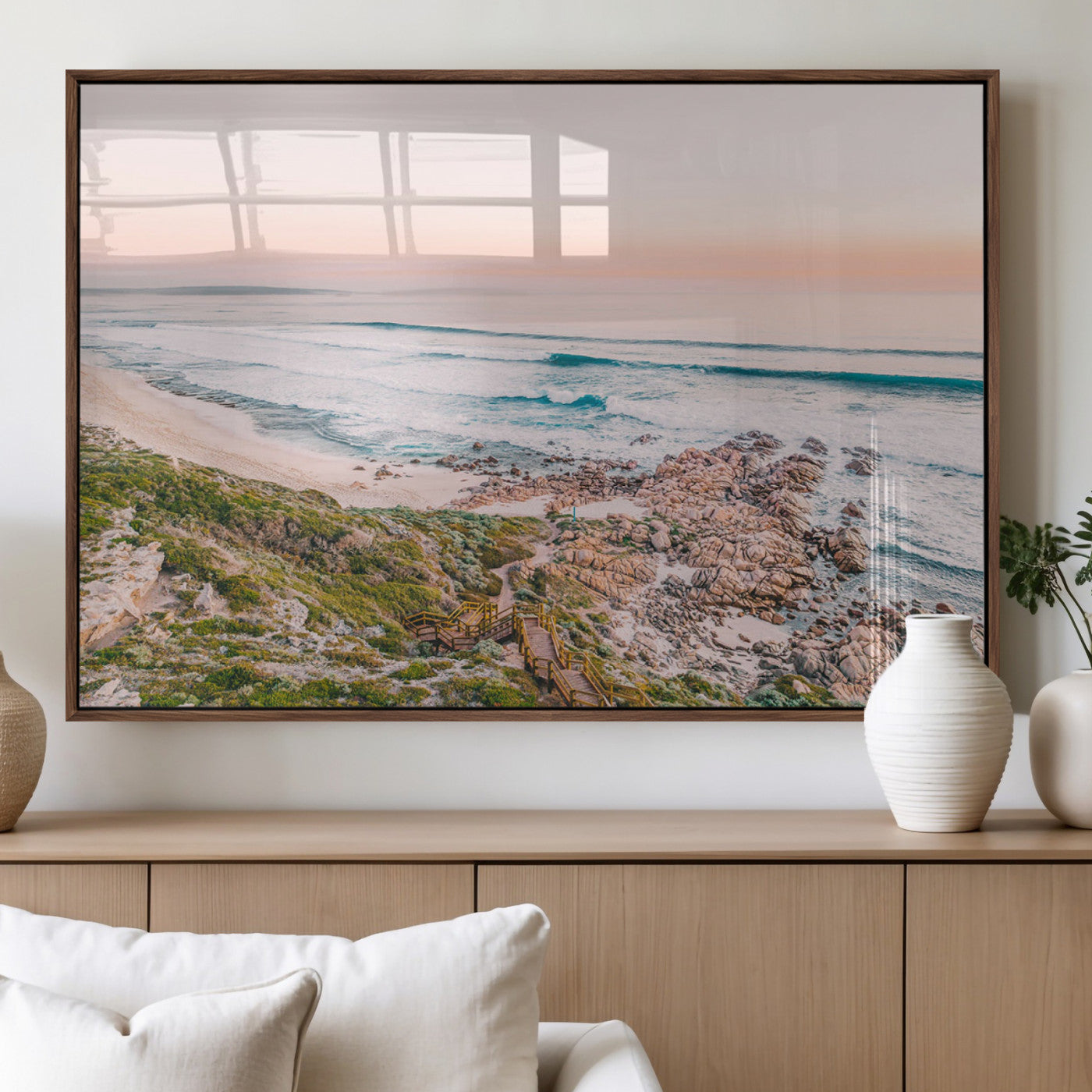 27332135-MGV-FP-36X24-3P_Walnut-Coastal Sunset Wall Art – Ocean Waves and Rocky Shore Canvas Print, Scenic Seaside Photography Decor for Bedroom, Living Room,