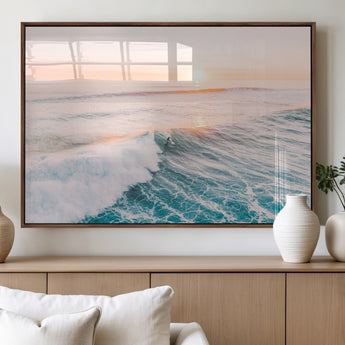 34064591-MGV-FP-36X24-3P_Walnut-Surfing Wall Art – Sunset Ocean Wave Canvas Print, Surfer Riding Sea Photography Decor for Bedroom, Living Room, Office, Coastal
