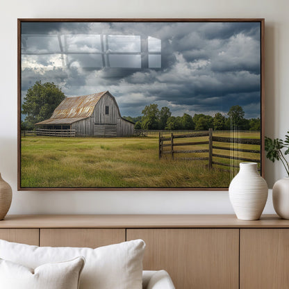 39409517-MGV-FP-36X24-3P_Walnut-Rustic Barn Wall Art – Weathered Farmhouse and Storm Clouds Canvas Print, Country Landscape Photography Decor for Bedroom, Living