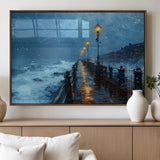 93793246-MGV-FP-36X24-3P_Walnut-Stormy Night Pier Canvas Wall Art – Moody Ocean Landscape with Lights, Blue Coastal Seascape Print for Bedroom, Living Room,