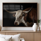 27414857-MGV-FP-60X30-3P_Walnut-Texas Longhorn Bull Canvas Wall Art – Rustic Western Farmhouse Decor, Brown & White Cow Portrait, Animal Print for Ranch Home