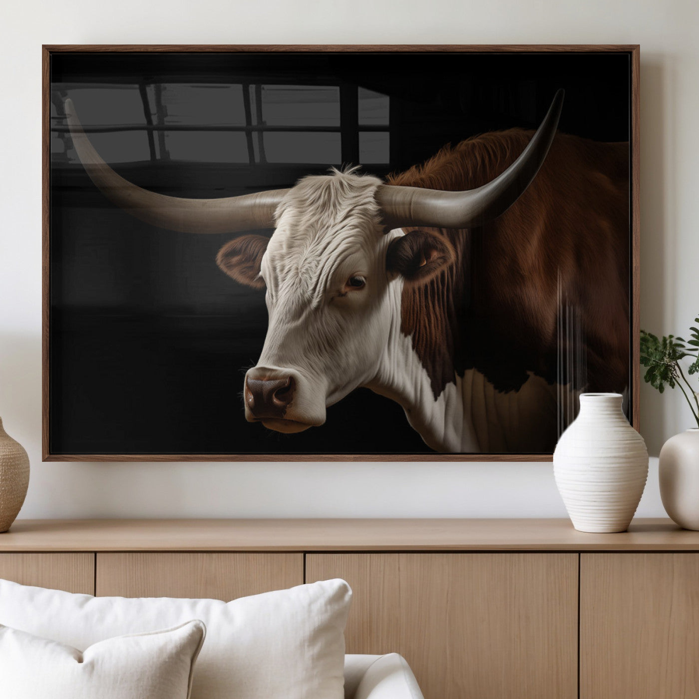27414857-MGV-FP-36X24-3P_Walnut-Longhorn Bull Wall Art – Dramatic Western Steer Portrait Canvas Print, Rustic Farmhouse Animal Decor for Living Room, Office, or