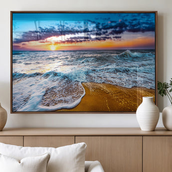 24077769-MGV-FP-36X24-3P_Walnut-Sunset Beach Wall Art – Ocean Waves Canvas Print, Golden Shoreline Photography Coastal Decor for Living Room, Bedroom, Office,