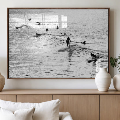 68018616-MGV-FP-36X24-3P_Walnut-Black and White Surf Photography Print – Minimalist Ocean Wall Art, Surfers Riding Waves, Coastal Beach Decor for Modern Home or
