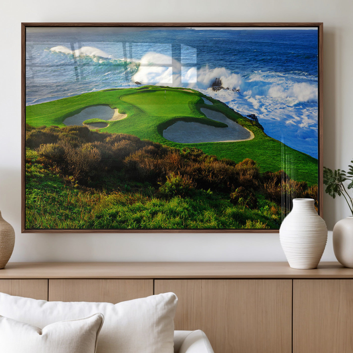 34181847-MGV-FP-36X24-3P_Walnut-Coastal Golf Course Wall Art – Panoramic Ocean Fairway Canvas Print, Scenic Sports Photography Decor for Office, Man Cave, Living