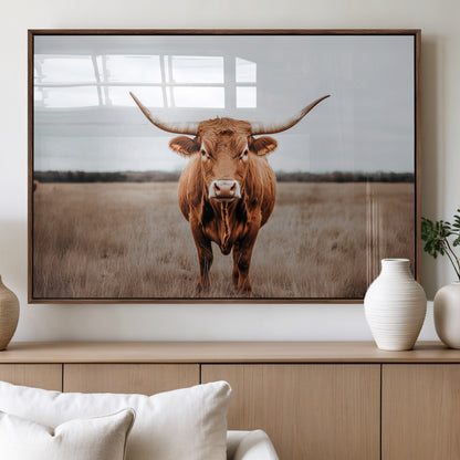 16316734-MGV-FP-60X30-3P_Walnut-Texas Longhorn Wall Art – Rustic Bull Portrait Canvas Print, Western Farmhouse Animal Photography Decor for Living Room, Office,