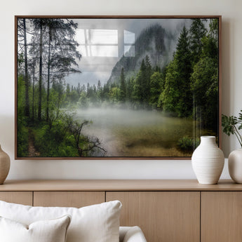 93123937-MGV-FP-36X24-3P_Walnut-Landscape Wall Art – Misty Mountain Lake Canvas Print, Tranquil Forest and Waterfall Photography Decor for Bedroom, Living Room,