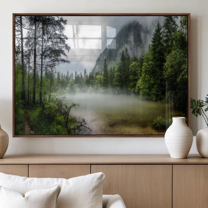 93123937-MGV-FP-36X24-3P_Walnut-Landscape Wall Art – Misty Mountain Lake Canvas Print, Tranquil Forest and Waterfall Photography Decor for Bedroom, Living Room,