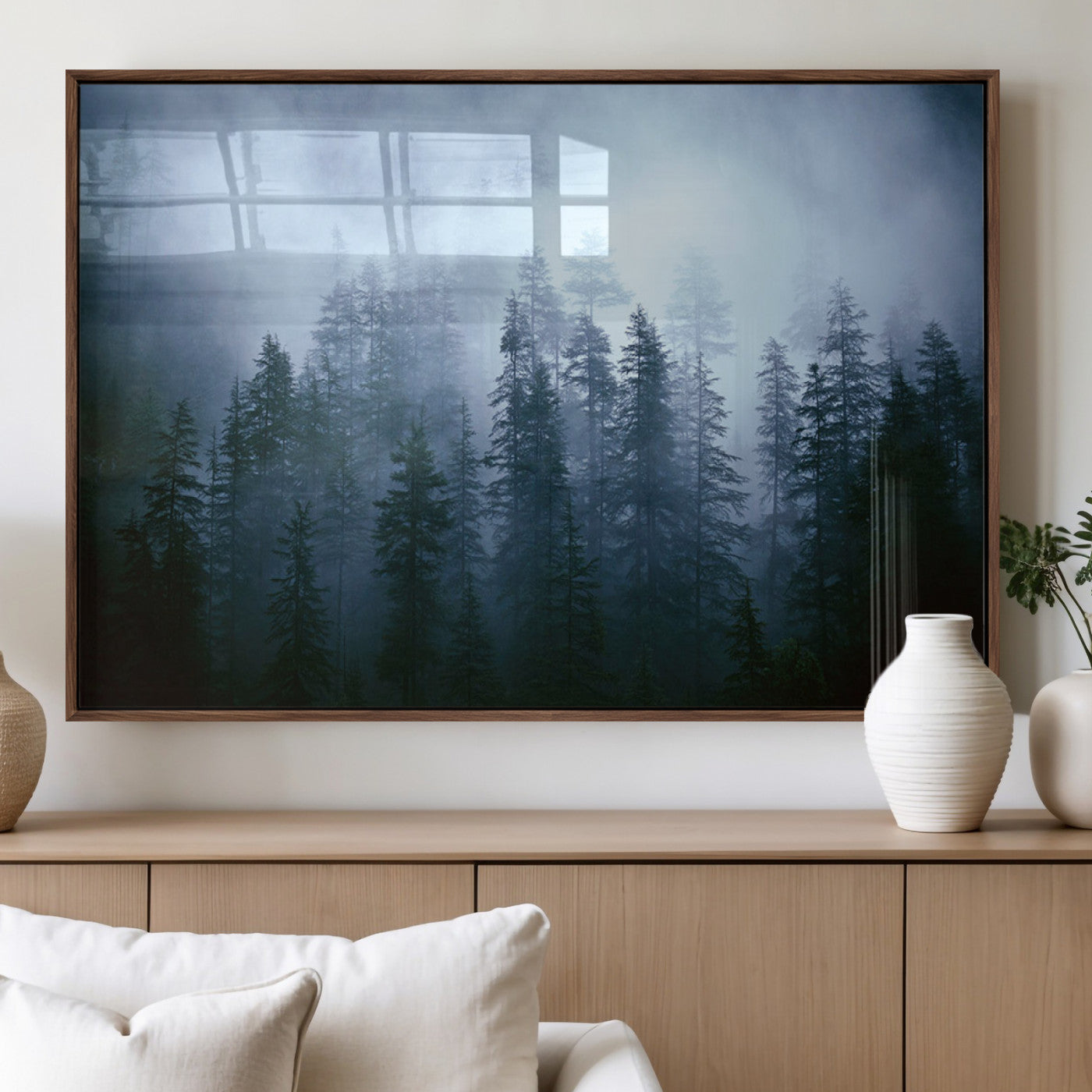 93439624-MGV-FP-36X24-3P_Walnut-Forest Wall Art – Misty Pine Trees Canvas Print, Moody Nature Photography Decor for Bedroom, Living Room, Office, Cabin, Lodge or