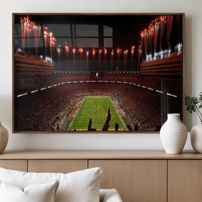 73358115-MGV-FP-36X24-3P_Walnut-Tennessee Volunteers Wall Art – Neyland Stadium Fireworks Night Game Canvas Print, Vols Football Checkerboard Endzone Sports Decor