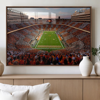 37160229-MGV-FP-36X24-3P_Walnut-Tennessee Volunteers Wall Art – Neyland Stadium Sunset Checkerboard Game Canvas Print, Vols Football Panorama Sports Decor