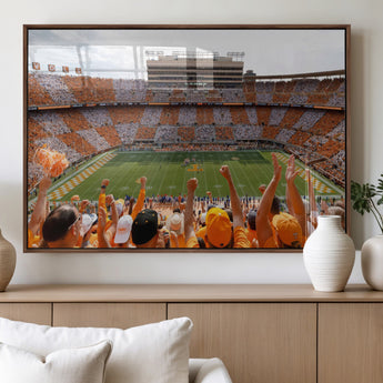76011417-MGV-FP-36X24-3P_Walnut-Neyland Stadium Wall Art – Panoramic Tennessee Volunteers Checkerboard Crowd Canvas Print, Day Game Football Celebration Sports
