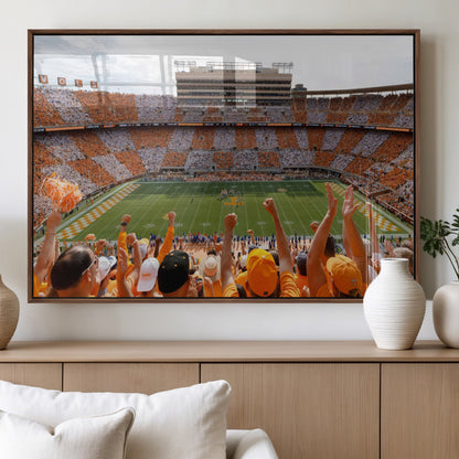 76011417-MGV-FP-36X24-3P_Walnut-Neyland Stadium Wall Art – Panoramic Tennessee Volunteers Checkerboard Crowd Canvas Print, Day Game Football Celebration Sports