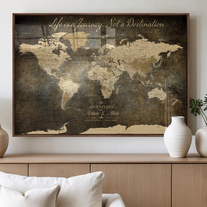 13394308-MGV-FP-36X24-3P_Walnut-Personalized World Map Wall Art – Dark Rustic Vintage Adventure Travel Map with Custom Couple Names, Timeless Wall Decor for Home