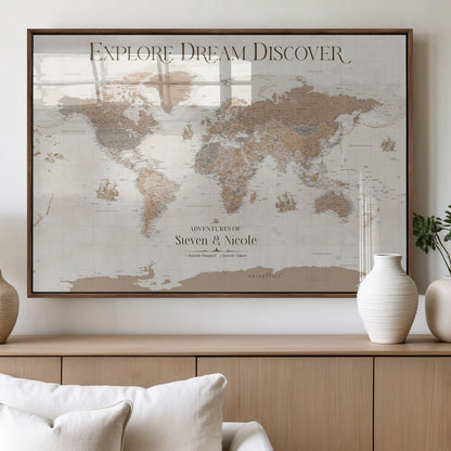 56148717-MGV-FP-36X24-3P_Walnut-Personalized World Map Wall Art – Neutral Beige & Brown Vintage Adventure Travel Map with Custom Couple Names, Classic Wall Decor