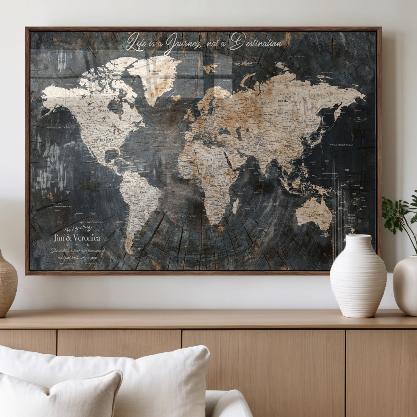 55548943-MGV-FP-36X24-3P_Walnut-Personalized World Map Wall Art – Rustic Wood Texture Adventure Travel Map with Custom Couple Names, Vintage Dark Wall Decor for