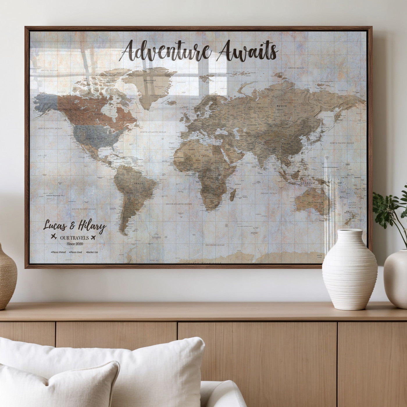 30792405-MGV-FP-36X24-3P_Walnut-Personalized World Map Wall Art – Rustic Beige Adventure Travel Map with Custom Couple Names, Vintage Wall Decor for Home or