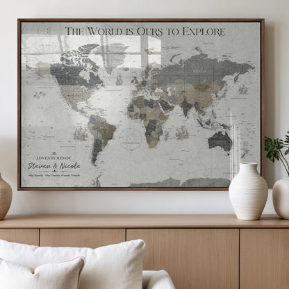 97082026-MGV-FP-36X24-3P_Walnut-Personalized World Map Wall Art – Vintage Gray Adventure Travel Map with Custom Couple or Family Names, Rustic Wall Decor for Home