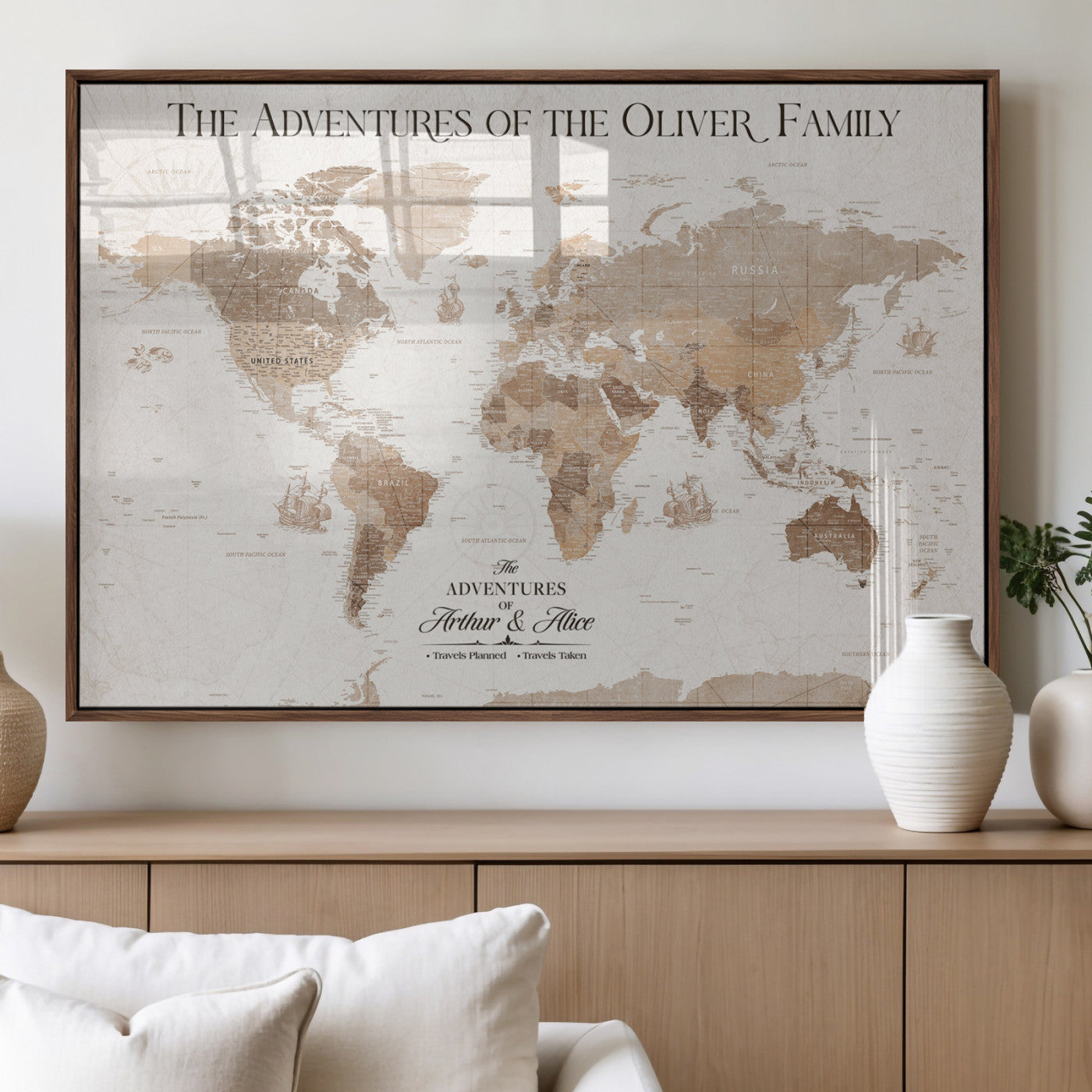 43869621-MGV-FP-36X24-3P_Walnut-Personalized World Map Wall Art – Light Beige Sepia Adventure Travel Map with Custom Family or Couple Names, Rustic Wall Decor for