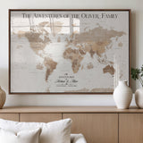 43869621-MGV-FP-36X24-3P_Walnut-Personalized World Map Wall Art – Light Beige Sepia Adventure Travel Map with Custom Family or Couple Names, Rustic Wall Decor for