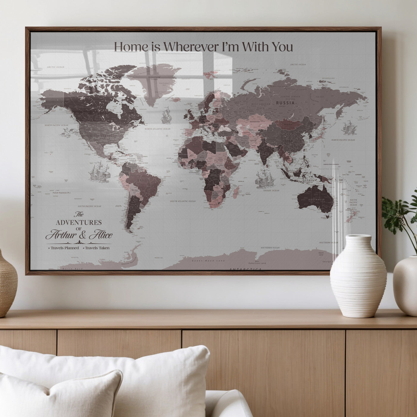 33204797-MGV-FP-36X24-3P_Walnut-Personalized World Map Wall Art – Burgundy & Grey Adventure Travel Map with Custom Names, Romantic Wall Decor for Couples, Home or